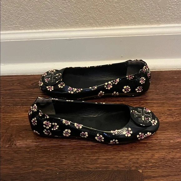 Tory Burch Black Flats with Pink Floral Design - Picture 2 of 5